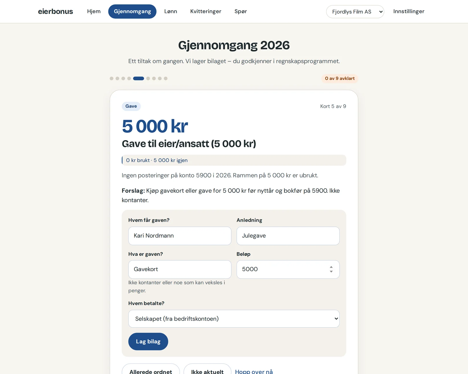 Gjennomgang med gavekortet: 5 000 kr og et ferdig utfylt skjema