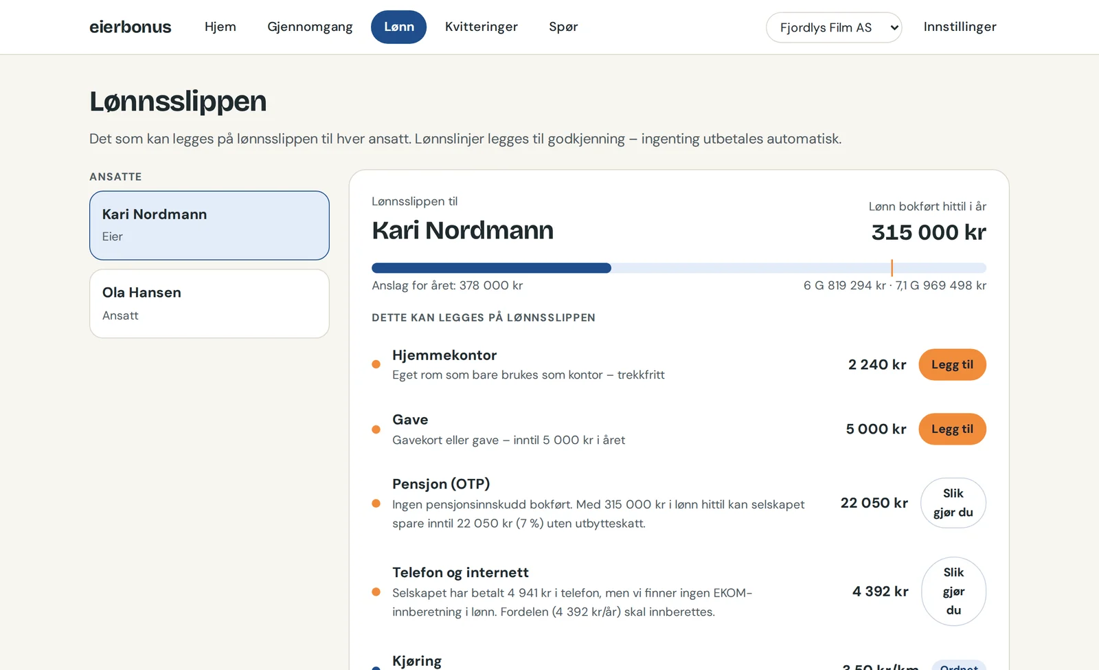 Lønnsslippen med hjemmekontor, gave, pensjon og telefon